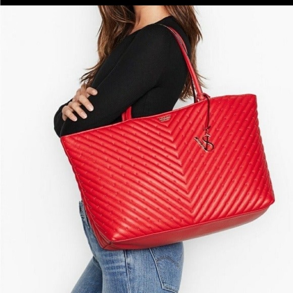 VICTORIA SECRET Studded V-Quilt Large Tote Bag In Red